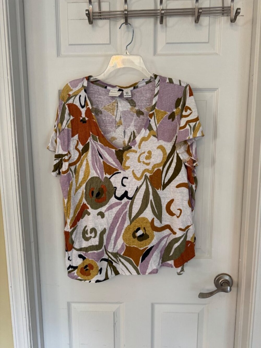 Rachel Zoe 100% Linen V-neck Floral Short Sleeve T-Shirt/Blouse 1X